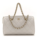 Caviar Quilted Barrel Clutch With Chain White
