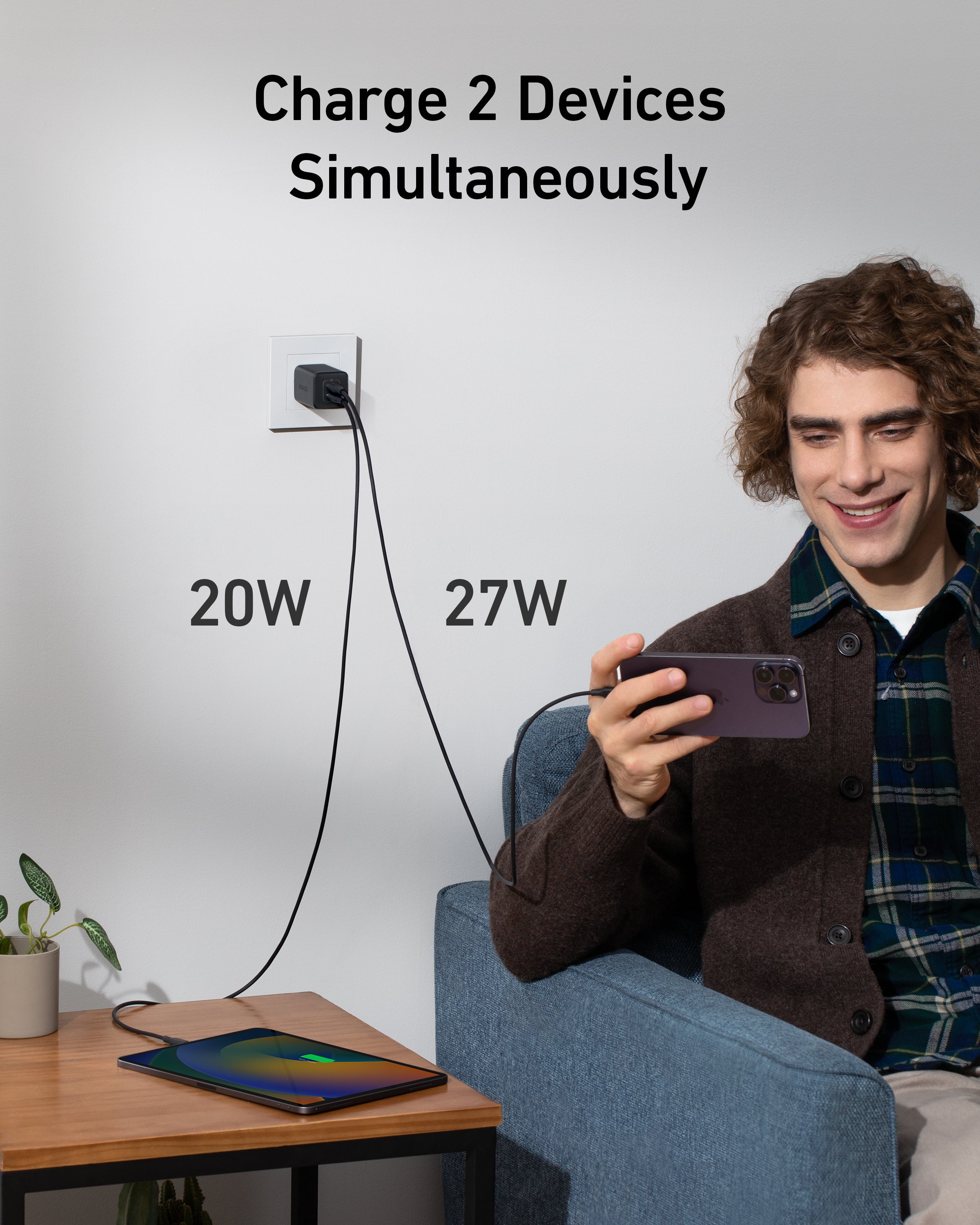 Anker <b>523</b> Charger (Nano 3, 47W) and New Nylon USB-C to USB-C 100W Cable (10 ft)