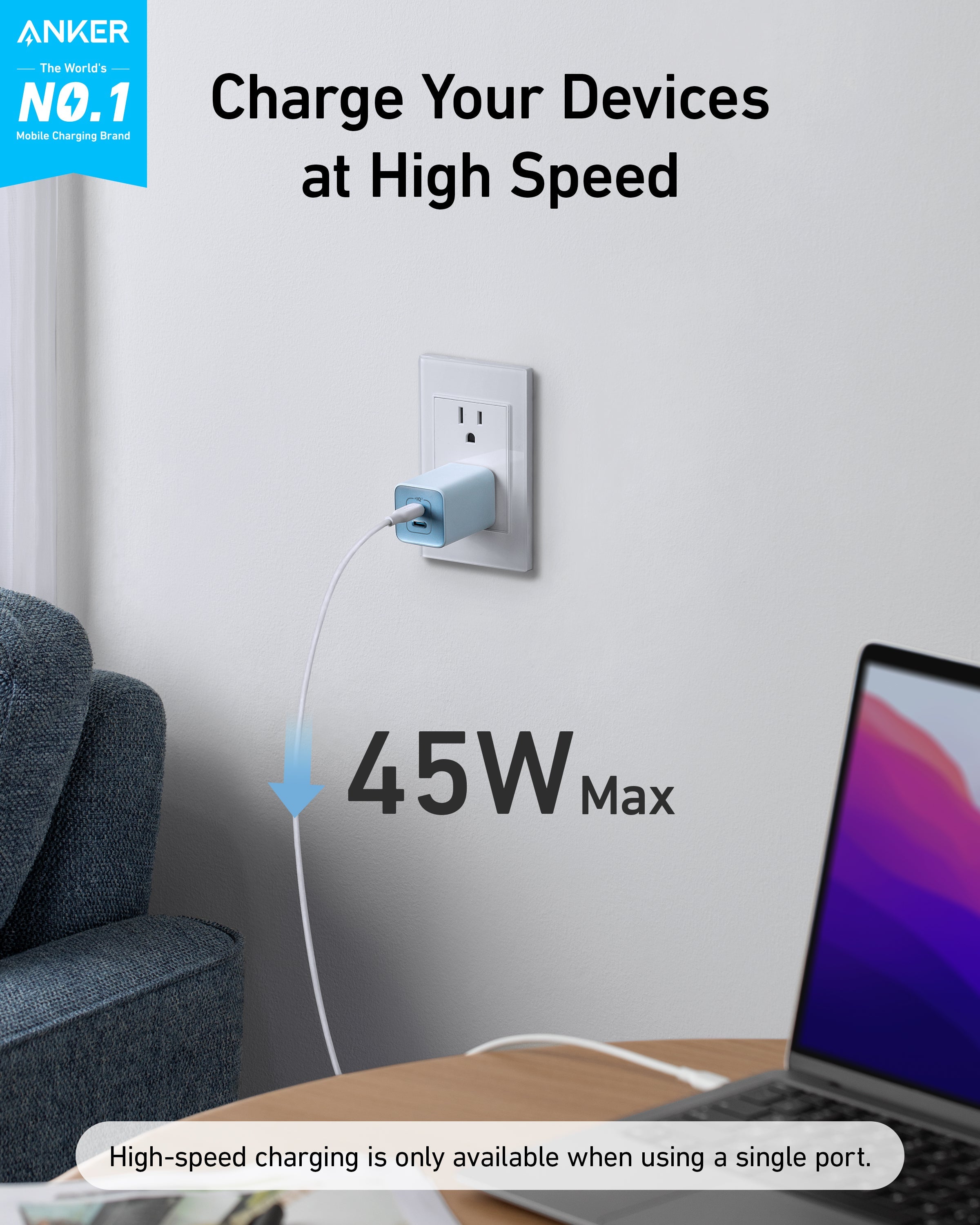 Anker <b>523</b> Charger (Nano 3, 47W) and New Nylon USB-C to USB-C 100W Cable (10 ft)