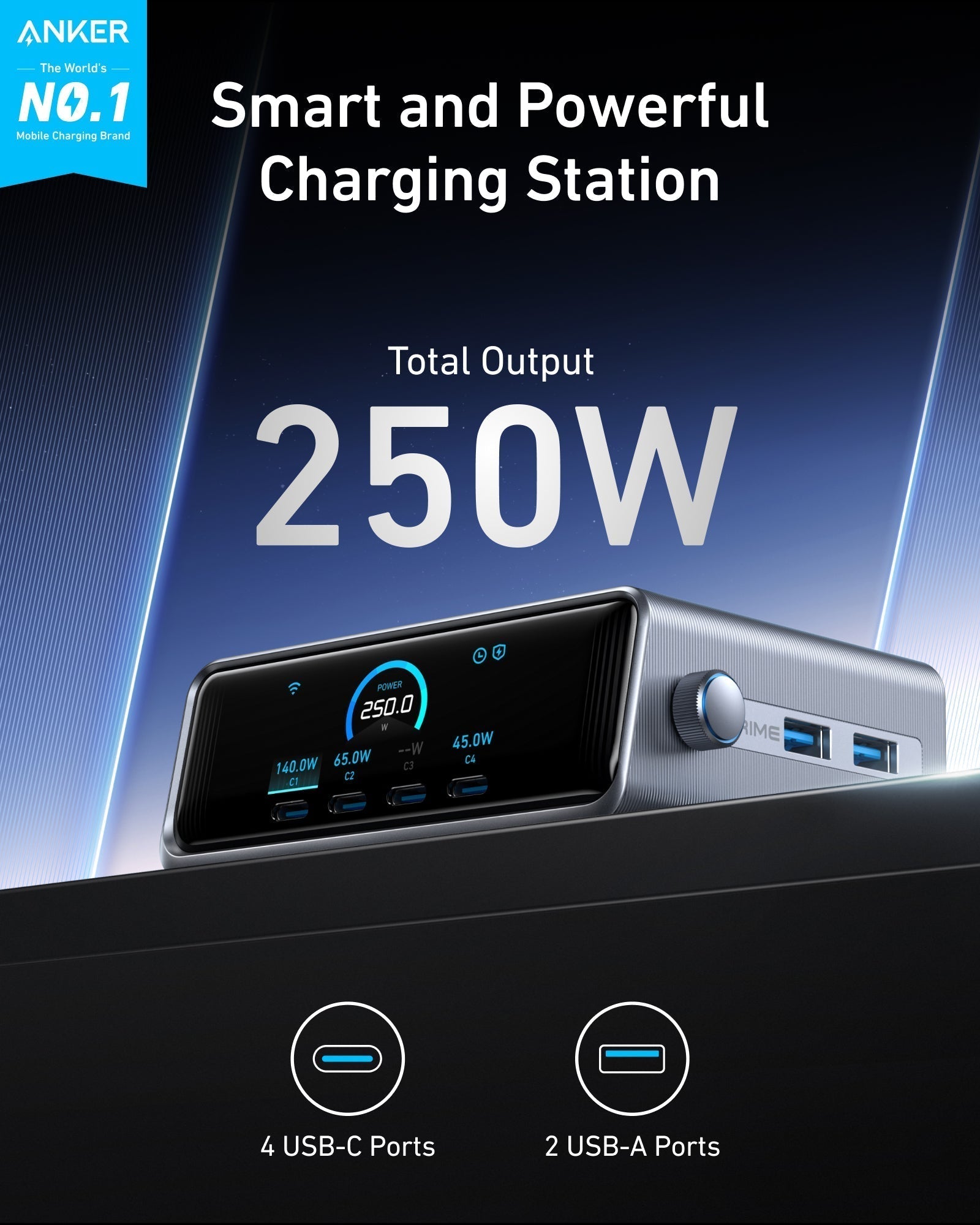 Anker Prime Charger (250W, 6 Ports, GaNPrime) with USB-C to USB-C Cable (240W)