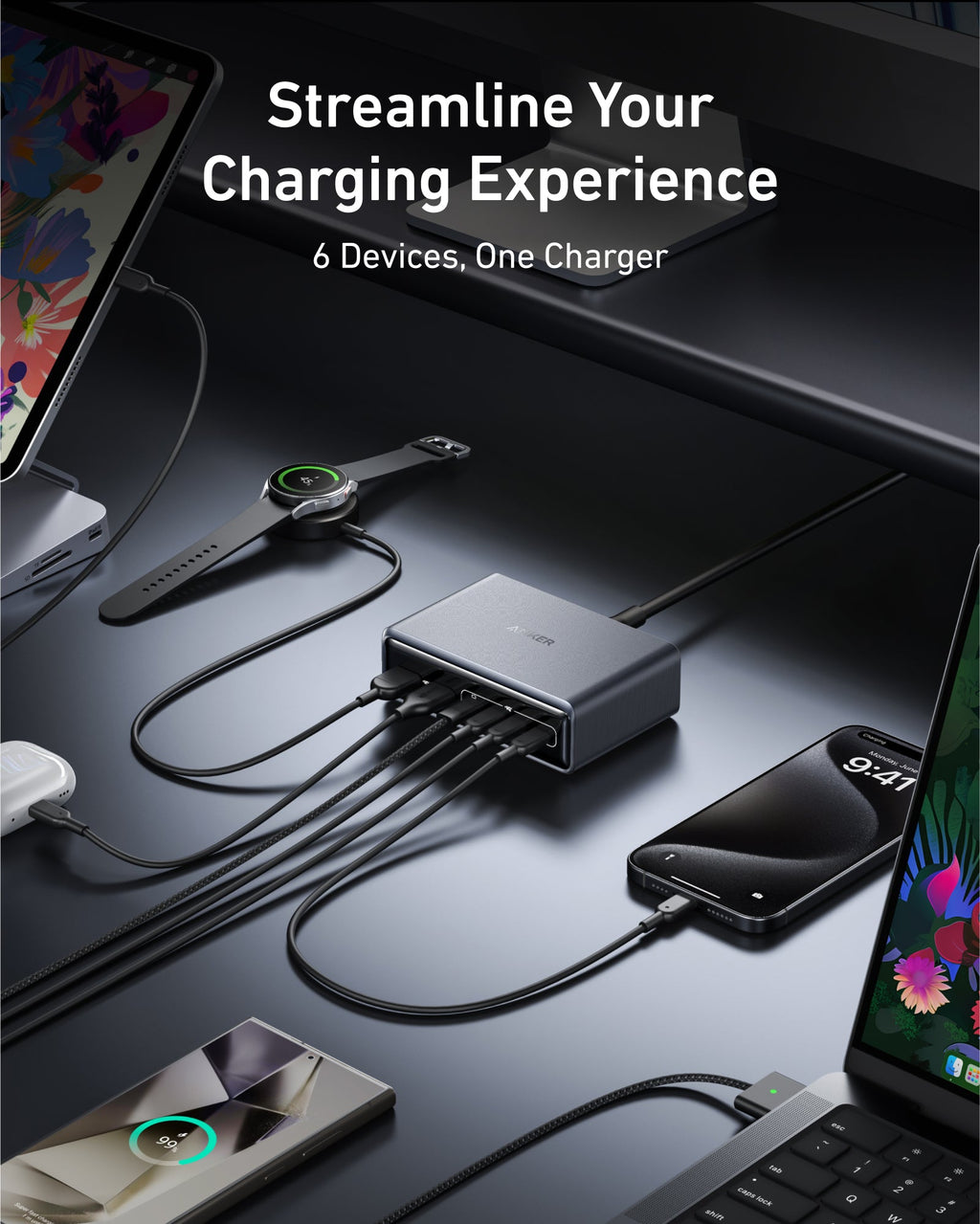 Anker Prime Charger (200W, 6 Ports, GaN)  and Anker USB-C to USB-C Cable (6 ft, 240W, Upcycled-Braided)
