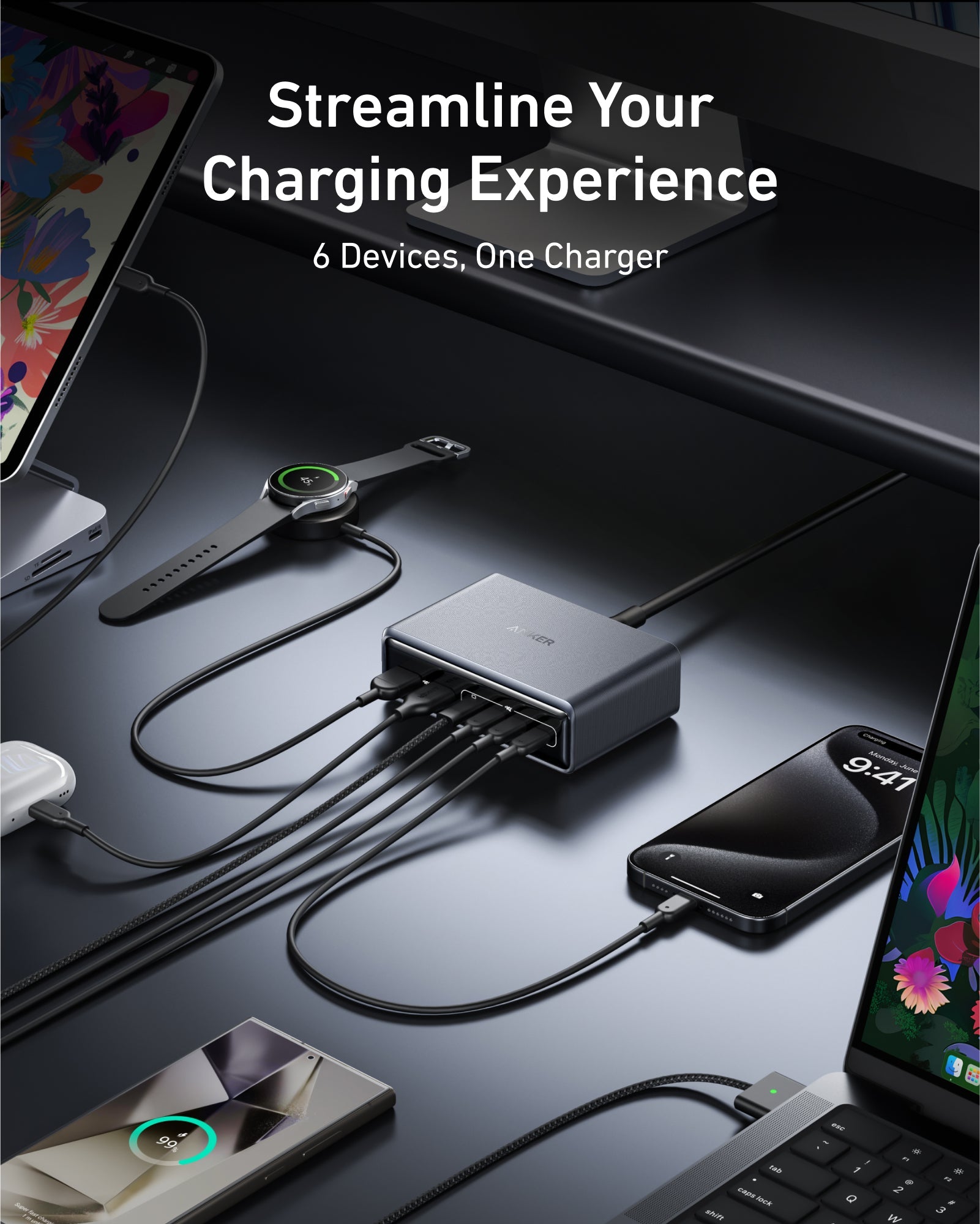 Anker Prime Charger (200W, 6 Ports, GaN)  and Anker USB-C to USB-C Cable (6 ft, 240W, Upcycled-Braided)