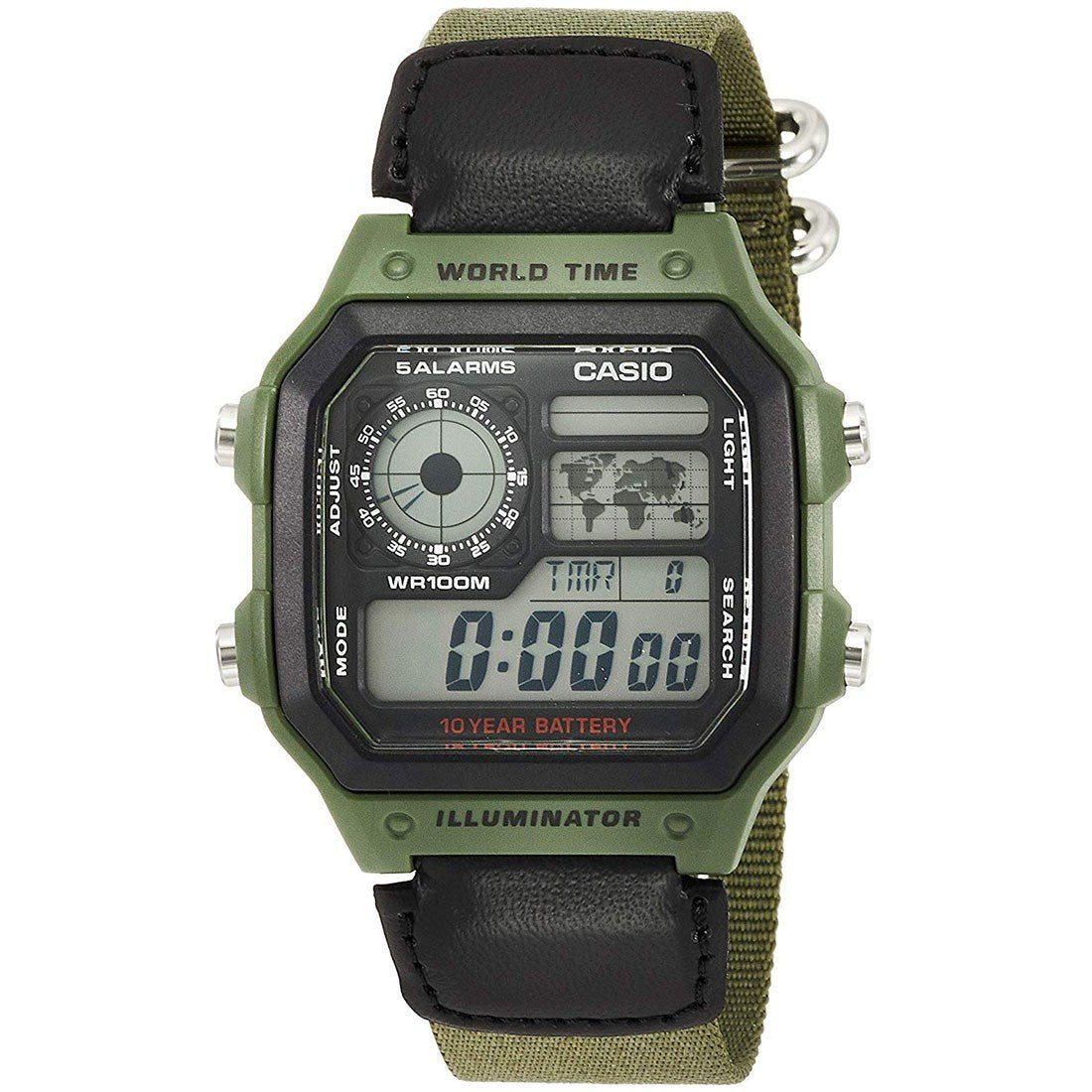 Casio Watch Digital World Time Illuminator Green Nato