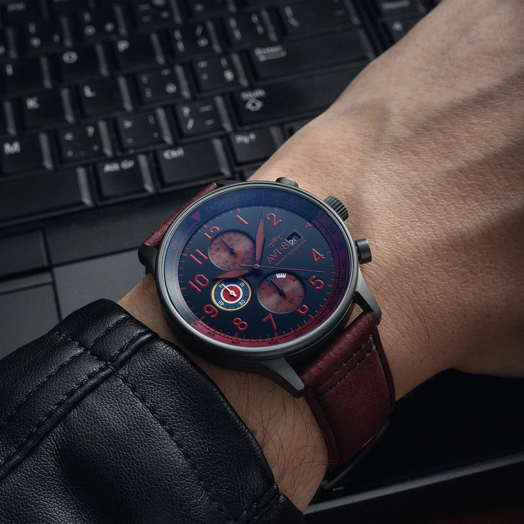 AVI-8 Hawker Hurricane Chronograph Black Dial Red Strap Watch