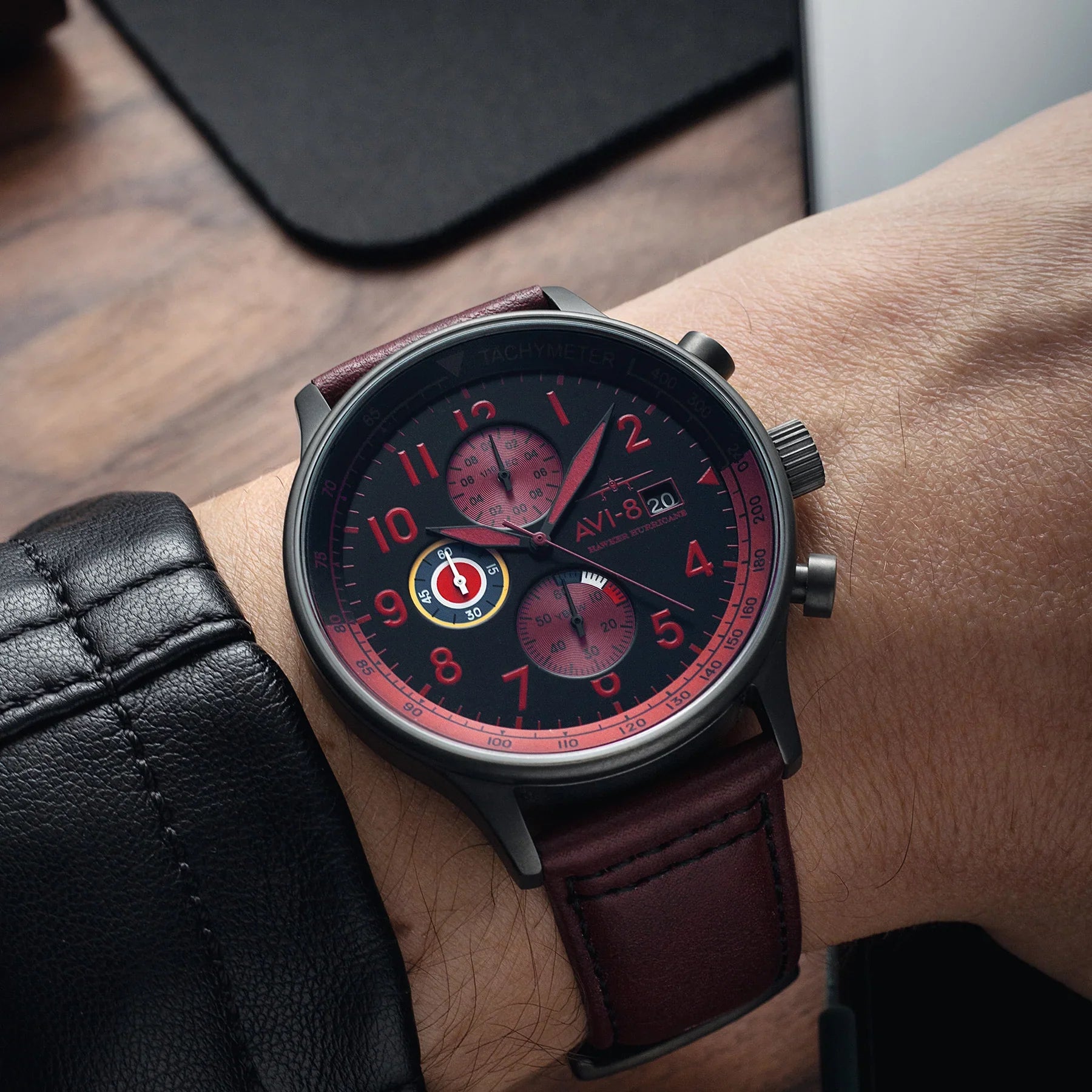 AVI-8 Hawker Hurricane Chronograph Black Dial Red Strap Watch
