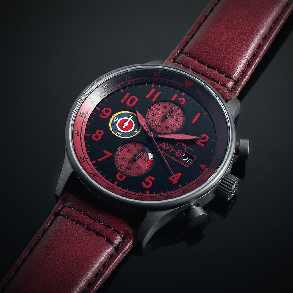 AVI-8 Hawker Hurricane Chronograph Black Dial Red Strap Watch