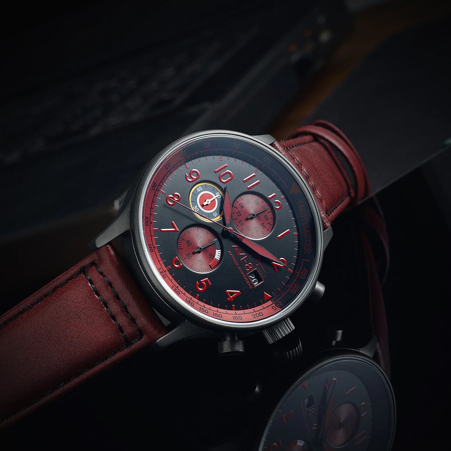 AVI-8 Hawker Hurricane Chronograph Black Dial Red Strap Watch