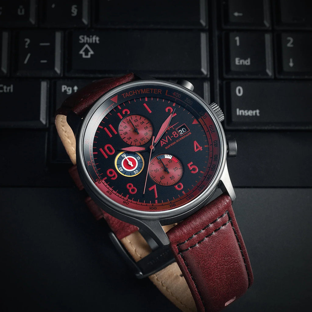 AVI-8 Hawker Hurricane Chronograph Black Dial Red Strap Watch