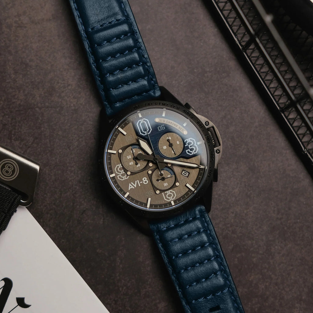AVI-8 P-51 Mustang Blakeslee Chronograph Blue Dial Leather Watch