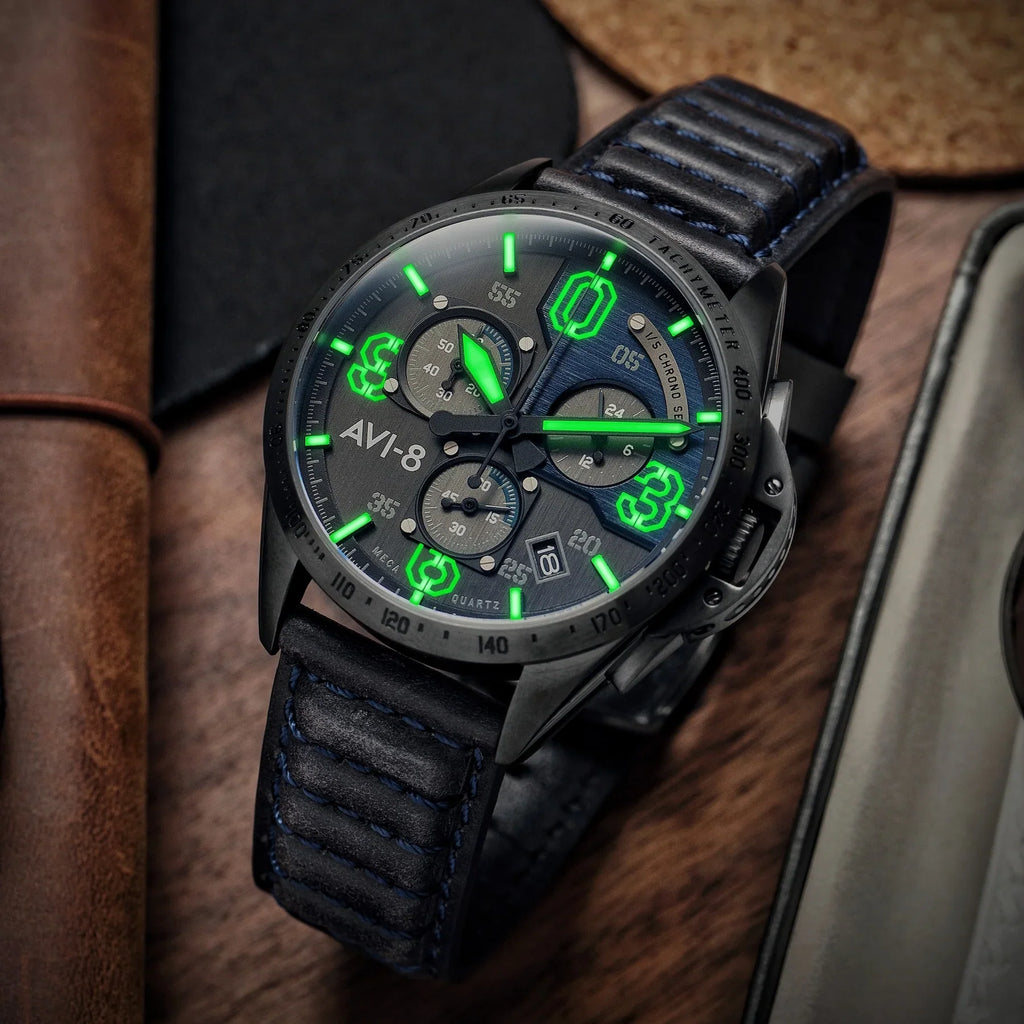 AVI-8 P-51 Mustang Blakeslee Chronograph Blue Dial Leather Watch