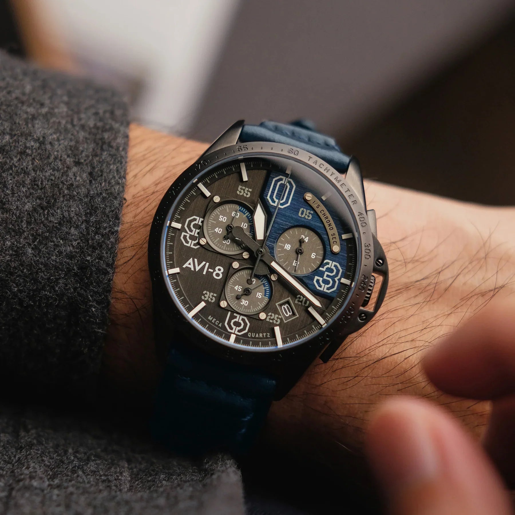AVI-8 P-51 Mustang Blakeslee Chronograph Blue Dial Leather Watch