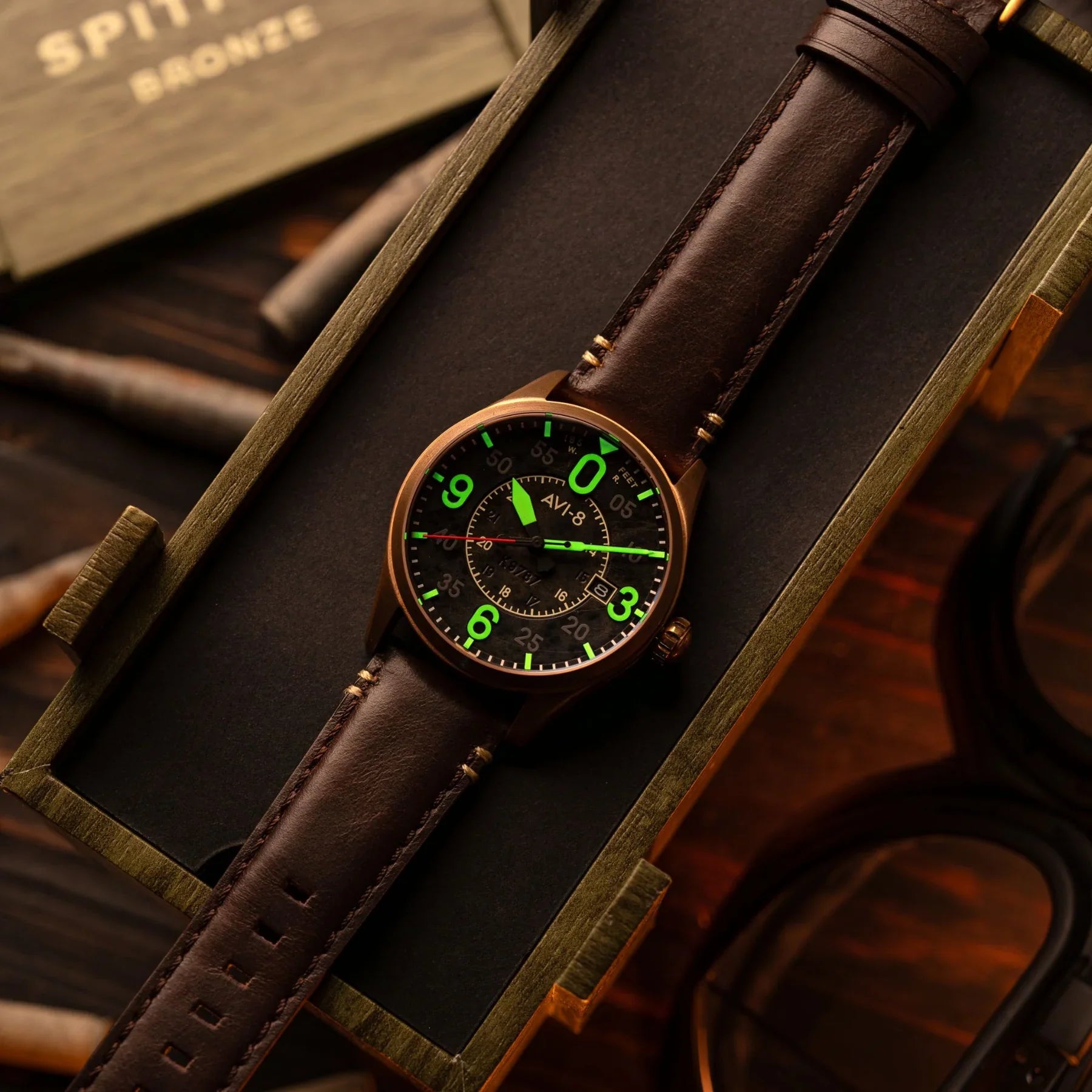 AVI-8 Spitfire Smith Bronze Black Dial Brown Strap Automatic Watch