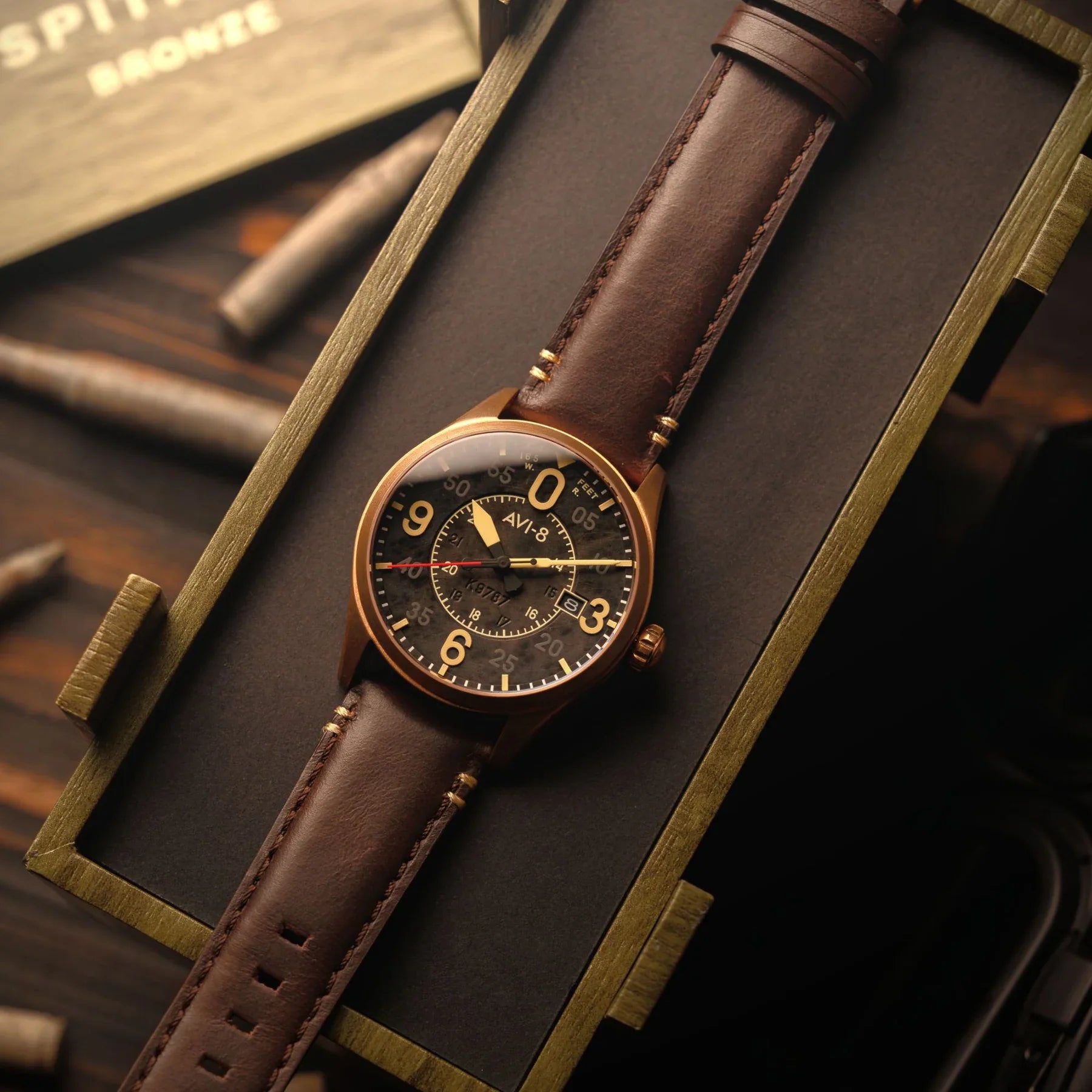 AVI-8 Spitfire Smith Bronze Black Dial Brown Strap Automatic Watch