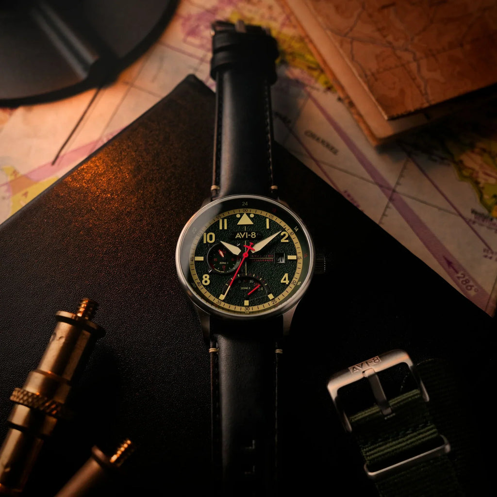 AVI-8 McKellar Dual Time Green Leather Watch