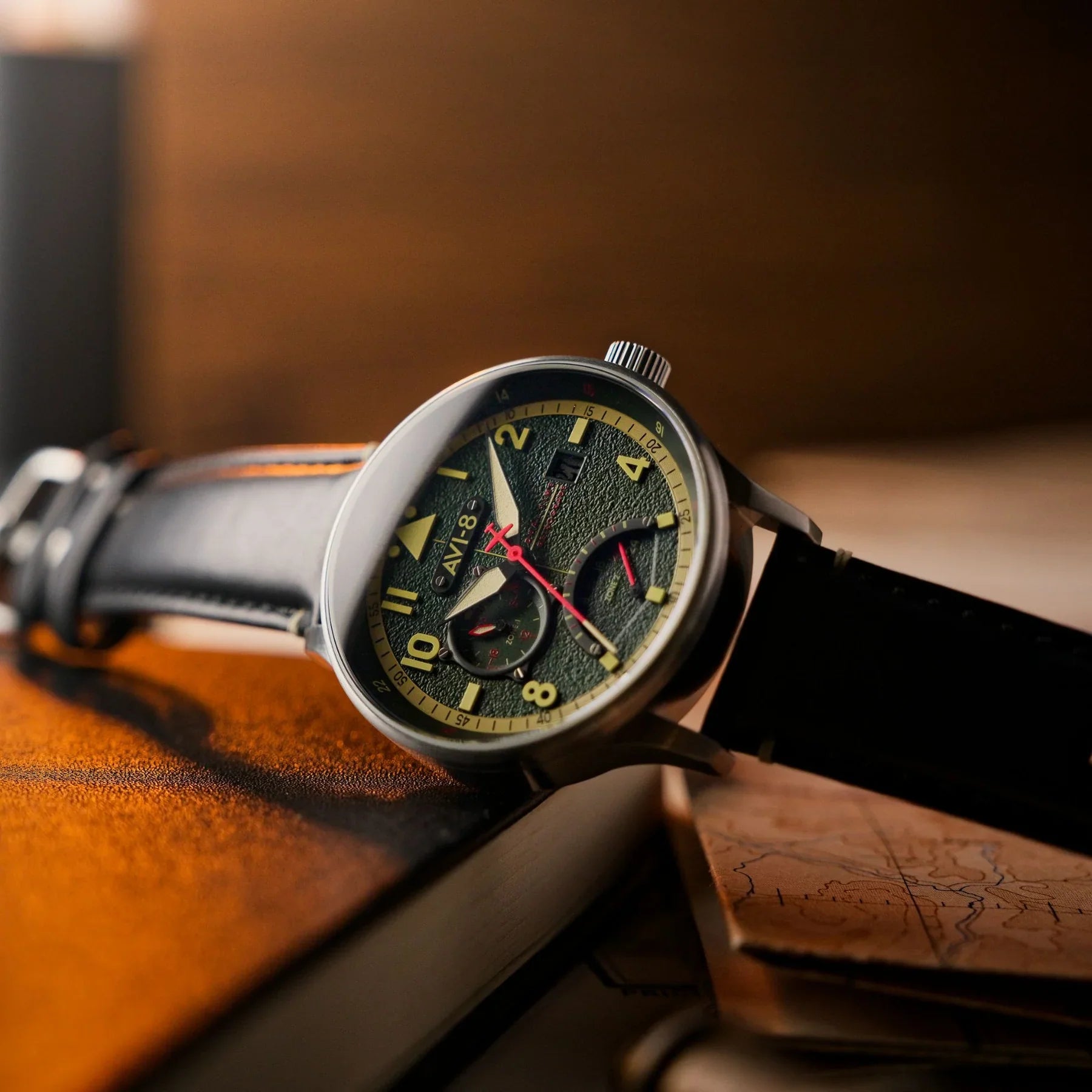 AVI-8 McKellar Dual Time Green Leather Watch