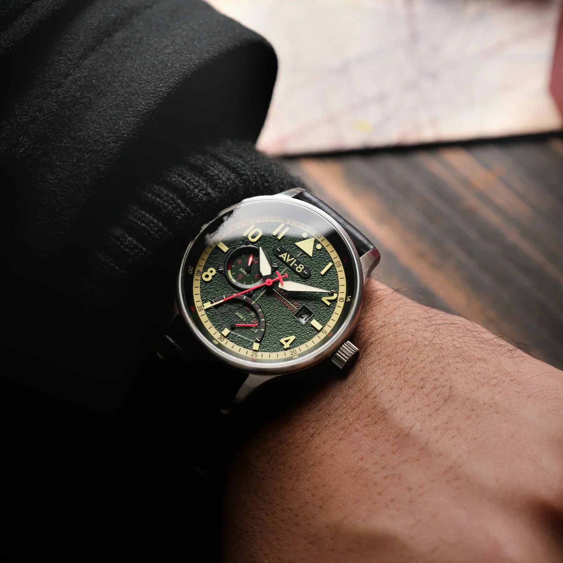 AVI-8 McKellar Dual Time Green Leather Watch