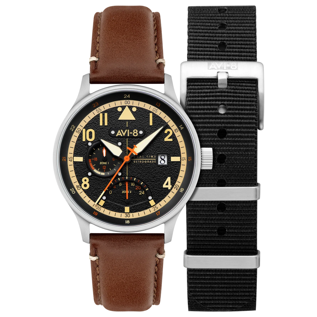 AVI-8 Hawker Hurricane McKellar Men's Black Brown Dual Time Watch