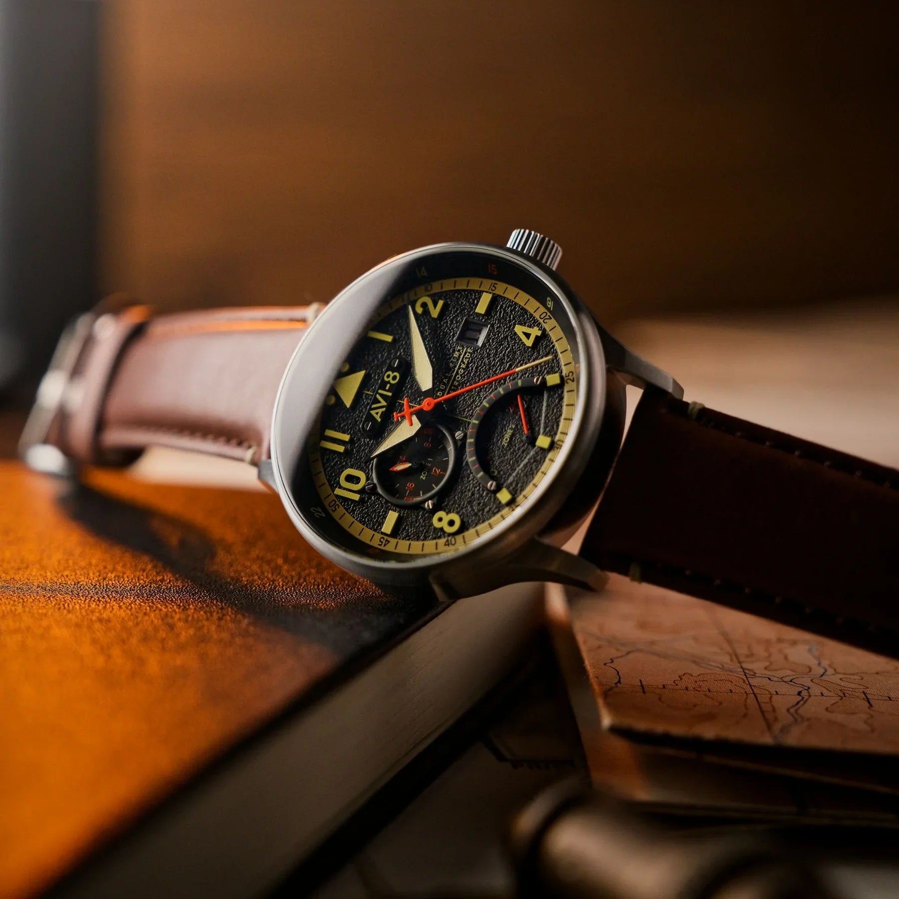 AVI-8 Hawker Hurricane McKellar Men's Black Brown Dual Time Watch