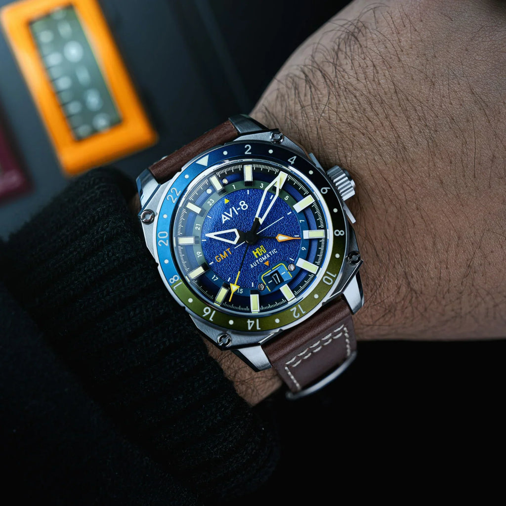 AVI-8 Hawker Hunter Atlas GMT Men's Blue Brown Automatic Watch