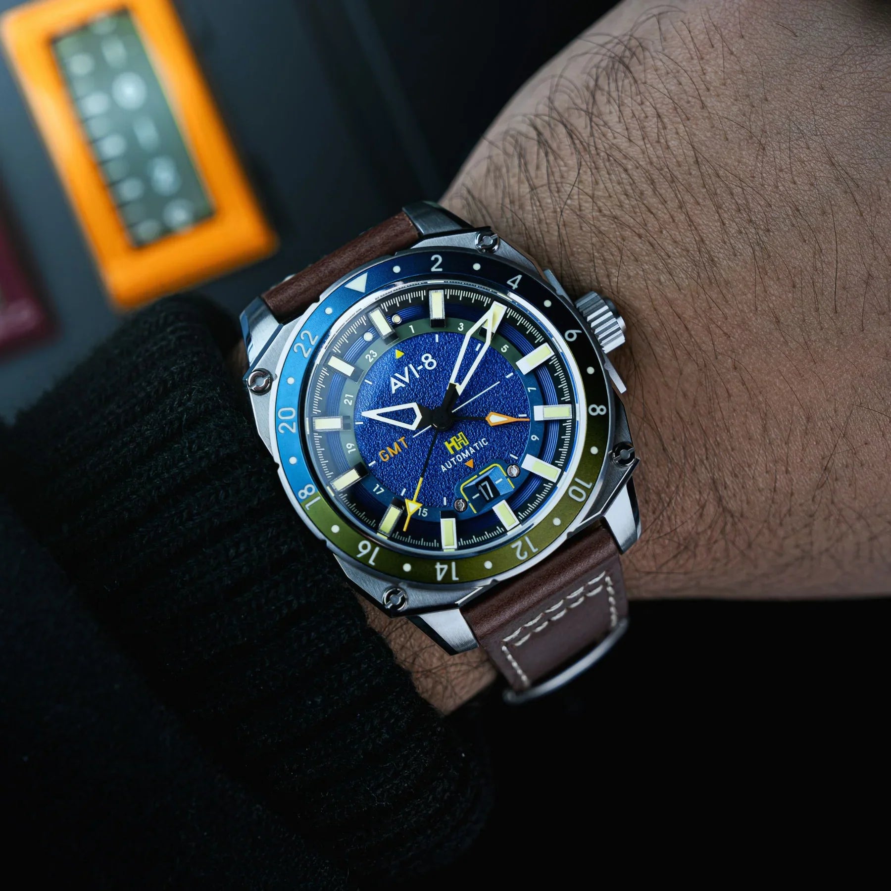 AVI-8 Hawker Hunter Atlas GMT Men's Blue Brown Automatic Watch
