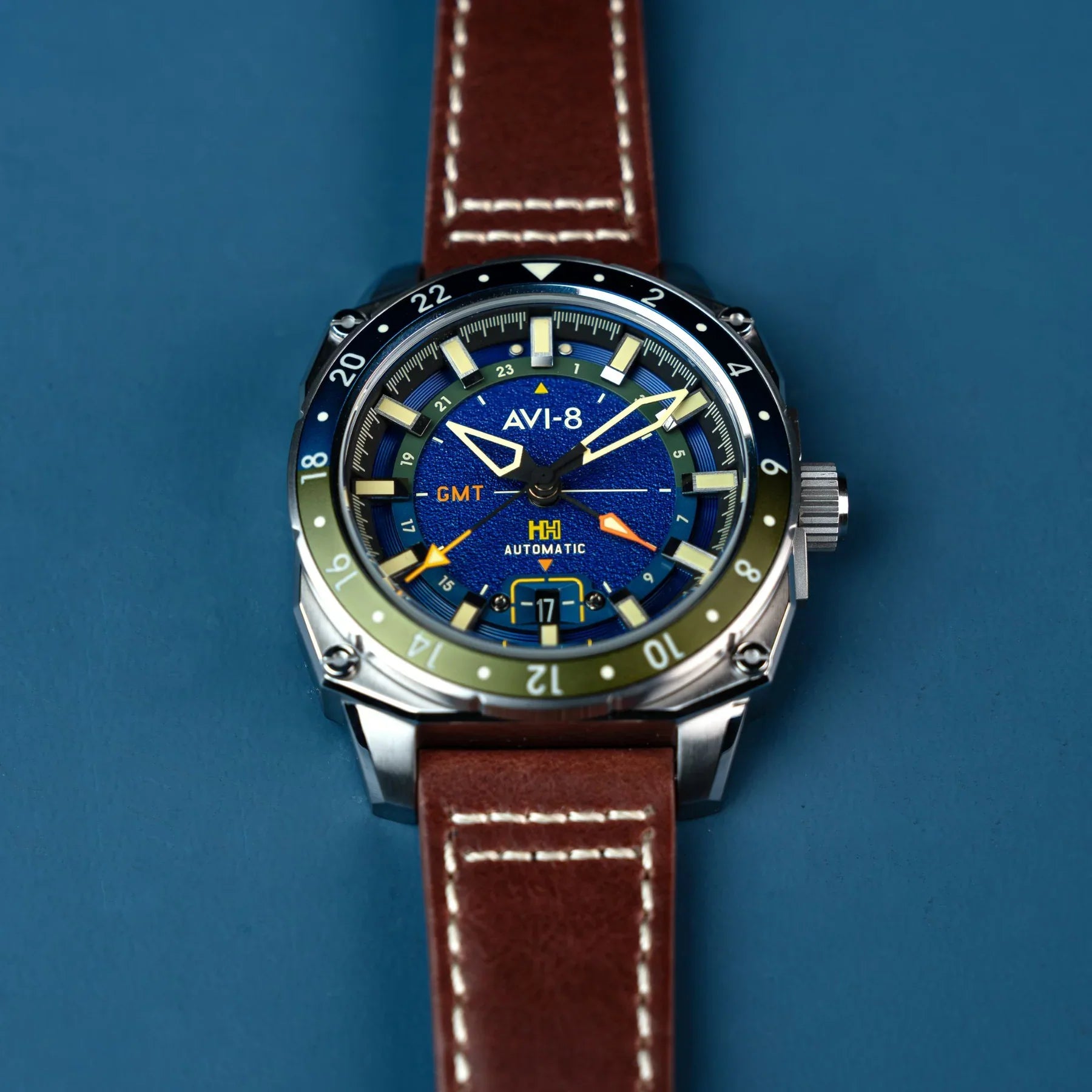 AVI-8 Hawker Hunter Atlas GMT Men's Blue Brown Automatic Watch