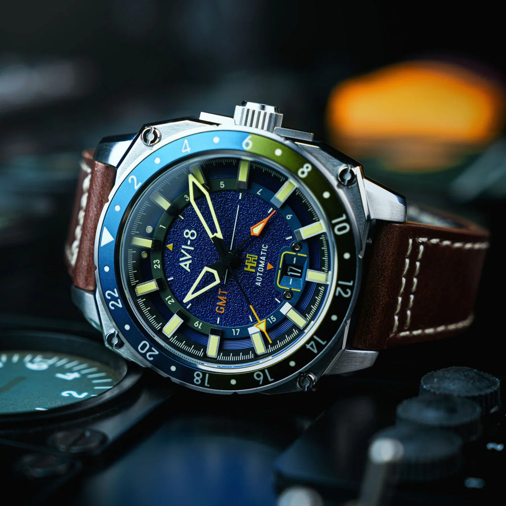 AVI-8 Hawker Hunter Atlas GMT Men's Blue Brown Automatic Watch