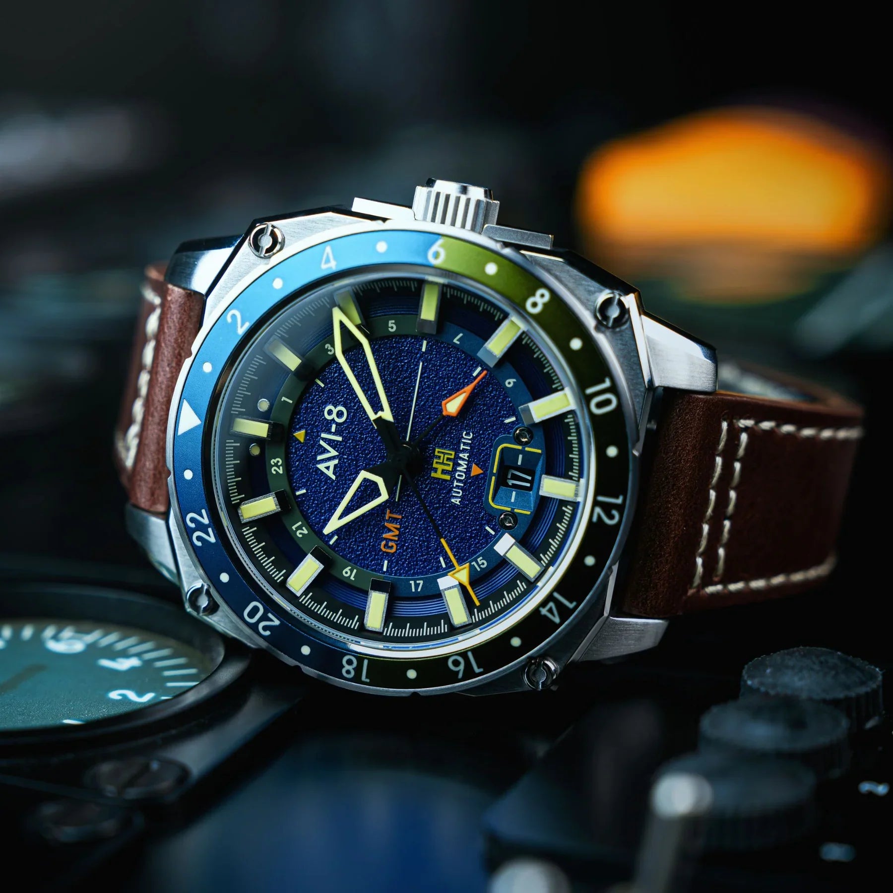 AVI-8 Hawker Hunter Atlas GMT Men's Blue Brown Automatic Watch