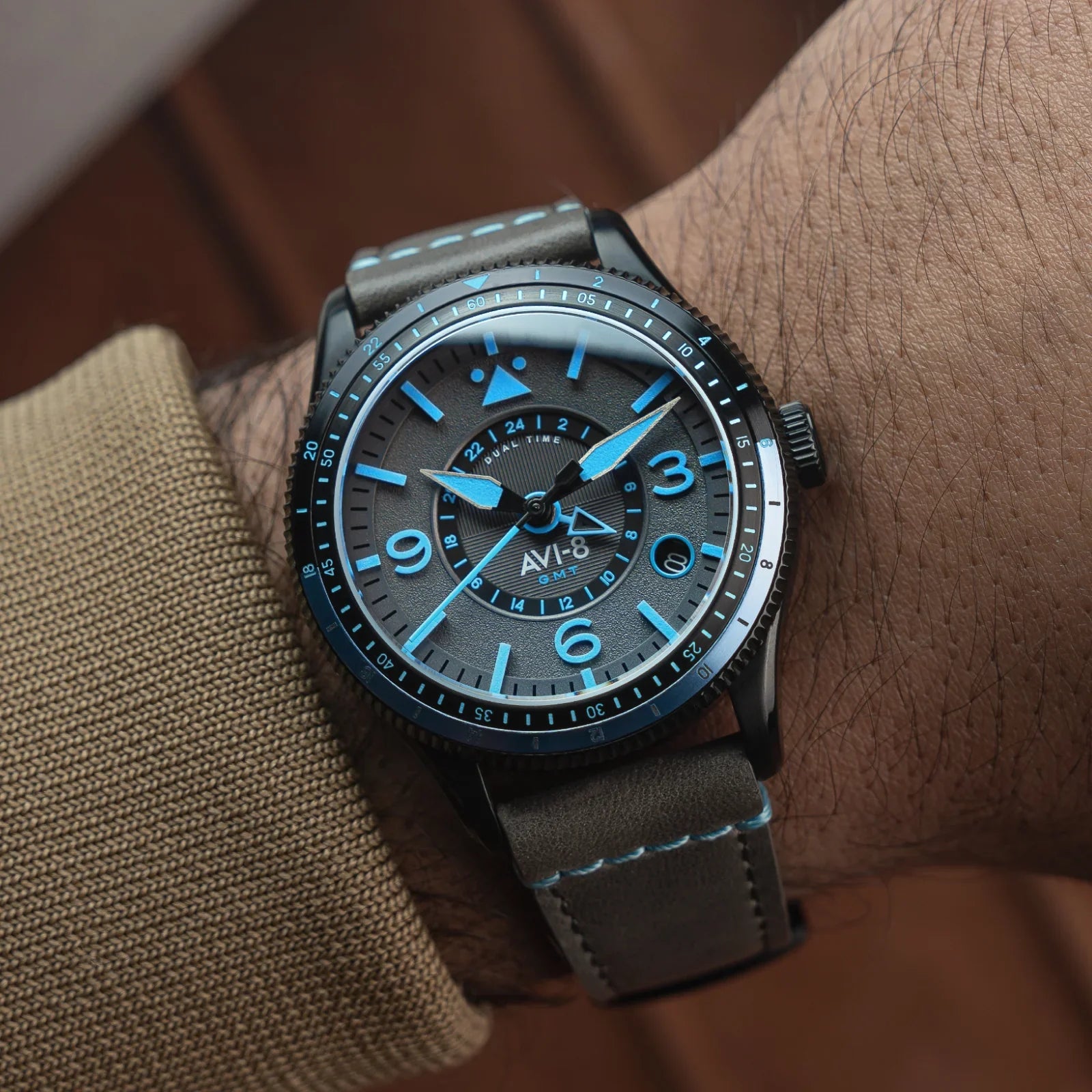 AVI-8 Flyboy Airmaster GMT Automatic Grey Leather Watch
