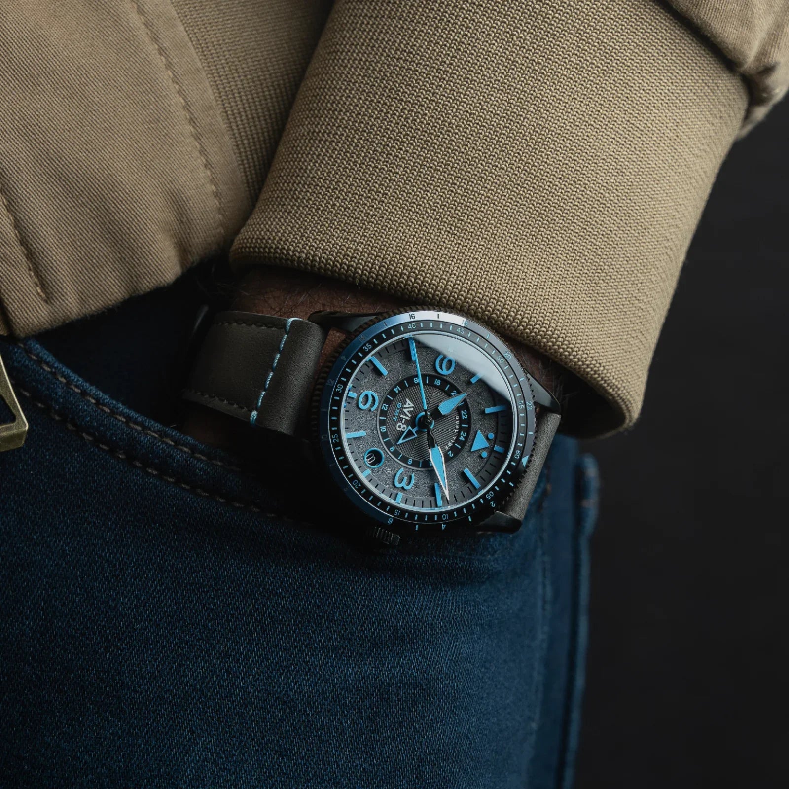 AVI-8 Flyboy Airmaster GMT Automatic Grey Leather Watch