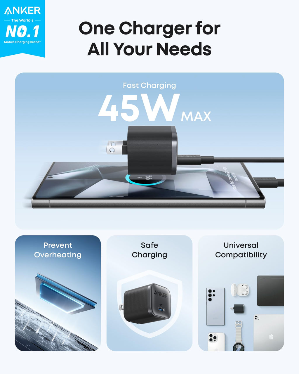 Anker Nano Charger (45W) with USB-C to USB-C Cable and Anker USB-C to USB-C Cable (6 ft, 240W, Upcycled-Braided)