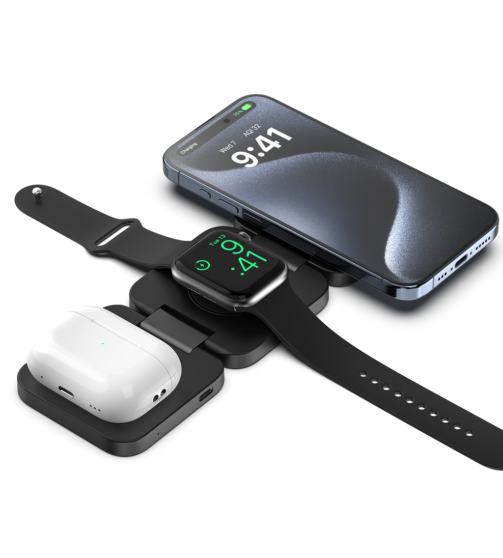 KUXIU X55 3-In-1 Foldable Magnetic Wireless Charging Station - Black