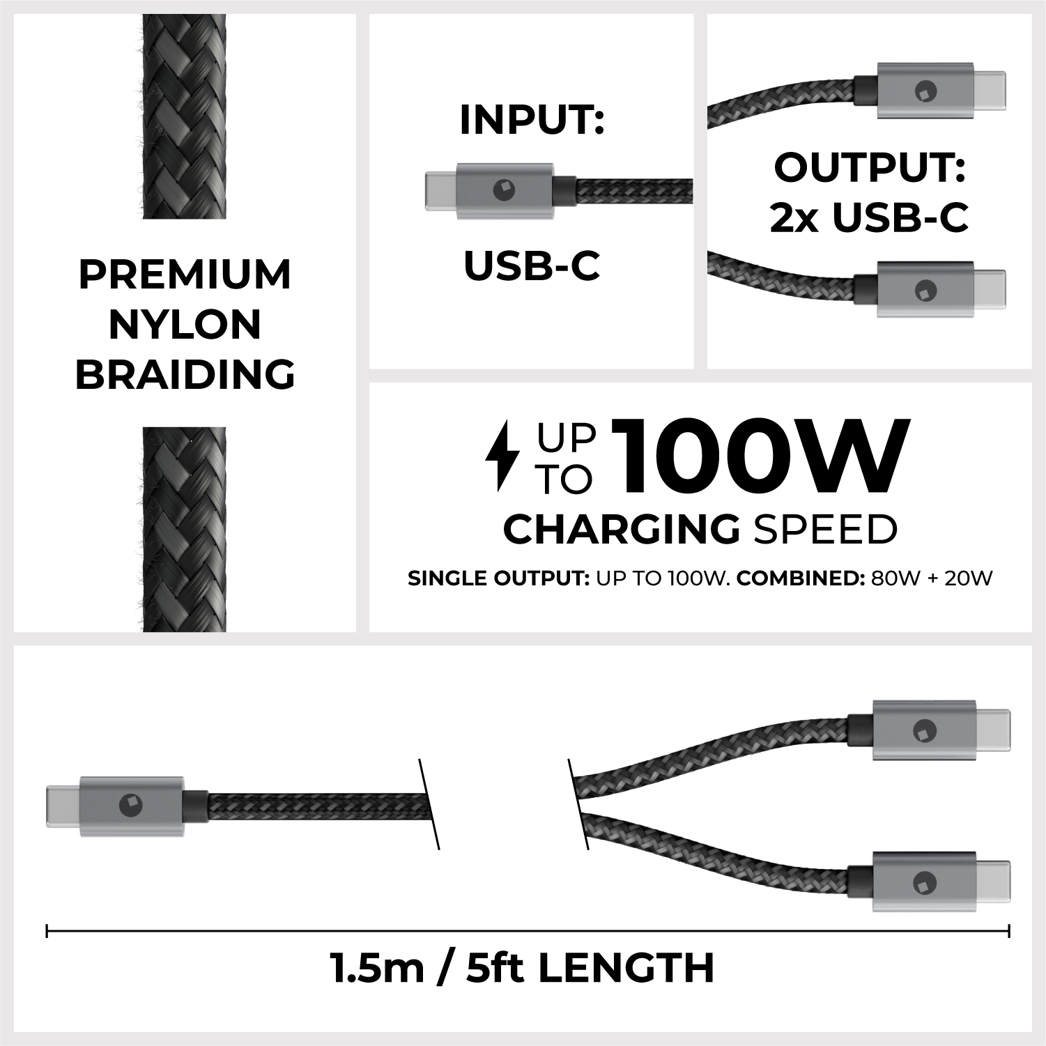 Essential 2in1 Cable - Dual USB-C Charge, 100W Power