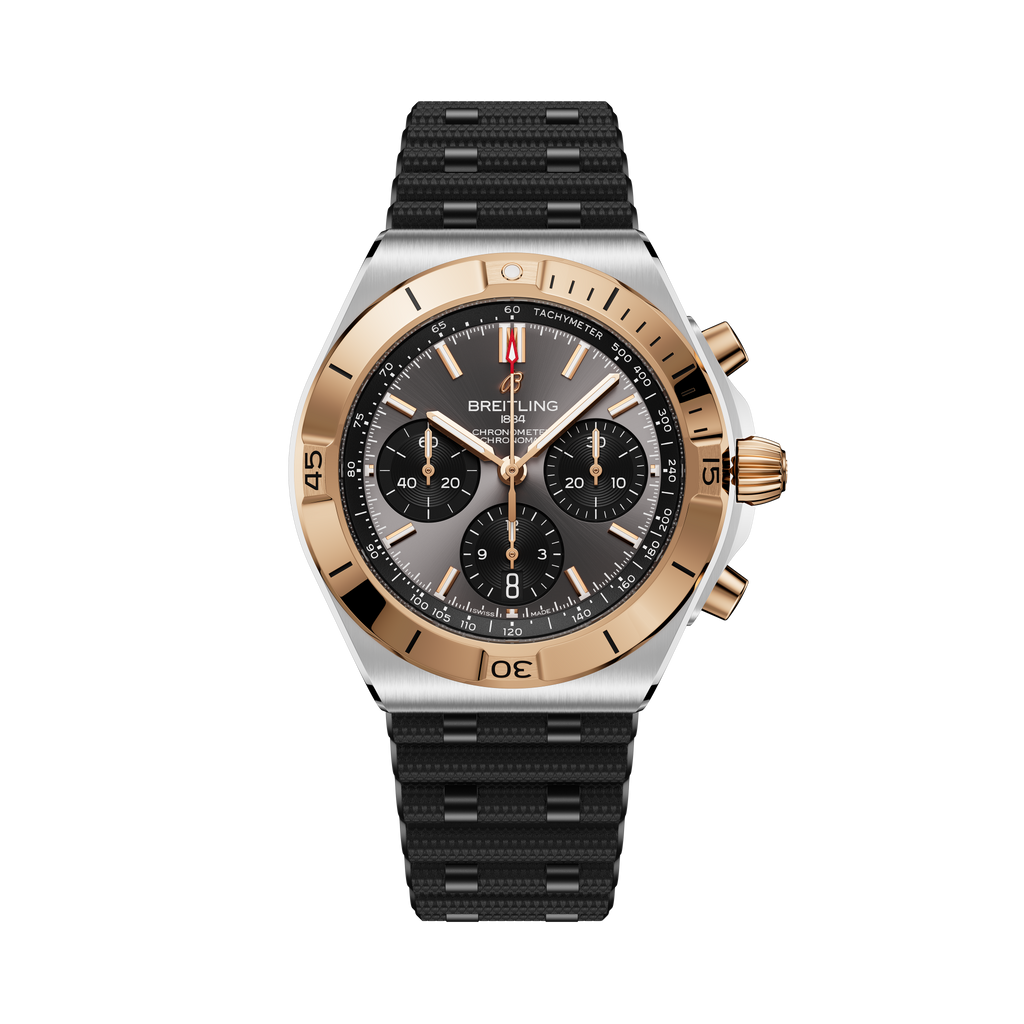 Chronomat B01 42 | 42mm, Two-Tone Stainless Steel & 18K Rose Gold, Grey Dial, Black Strap
