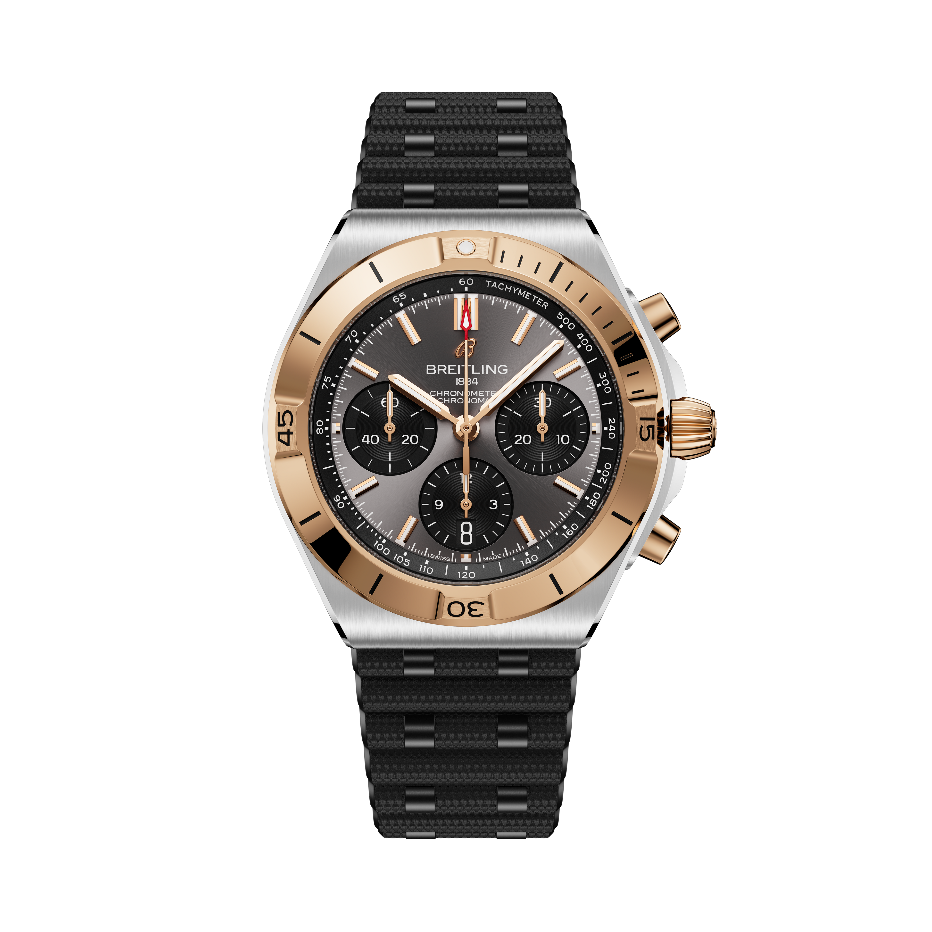 Chronomat B01 42 | 42mm, Two-Tone Stainless Steel & 18K Rose Gold, Grey Dial, Black Strap