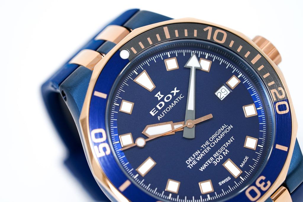 Edox Automatic Watch Delfin Diver Blue Rose Gold 43mm