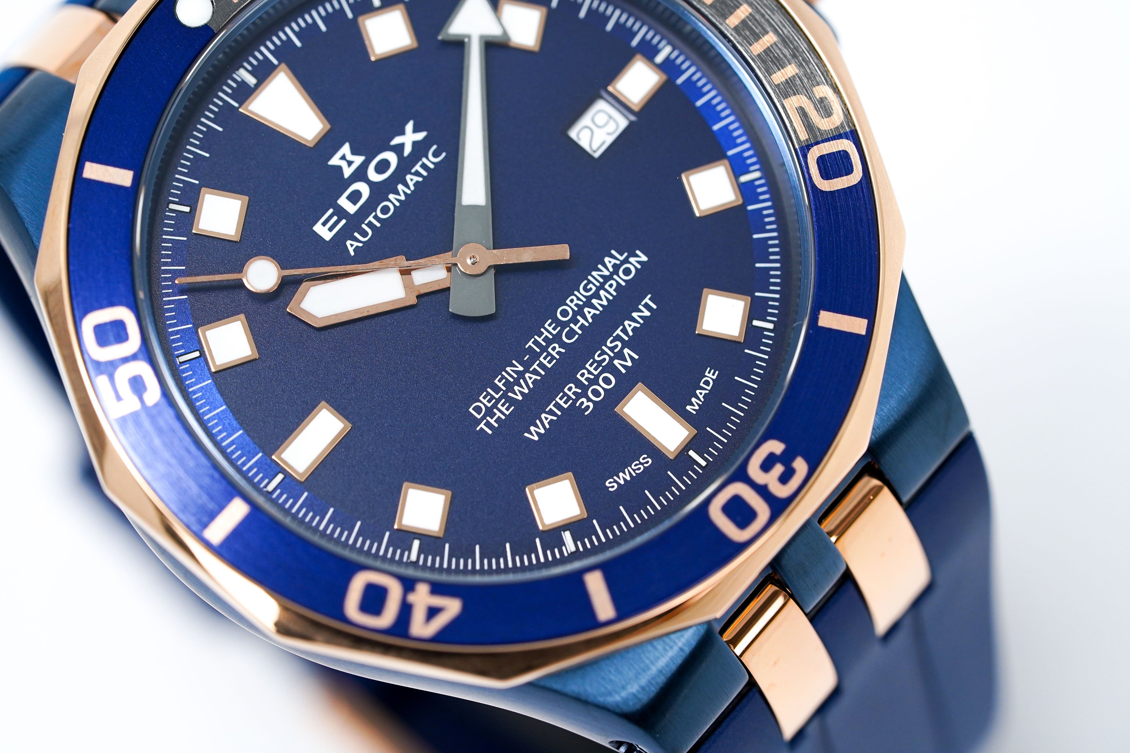 Edox Automatic Watch Delfin Diver Blue Rose Gold 43mm