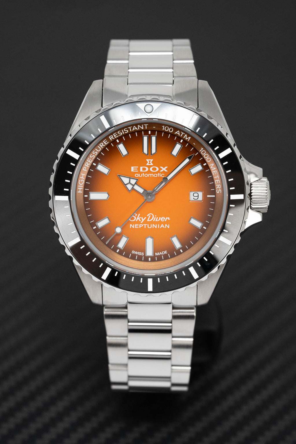 Edox Men's Watch Neptunian Sky Diver Automatic Steel Orange