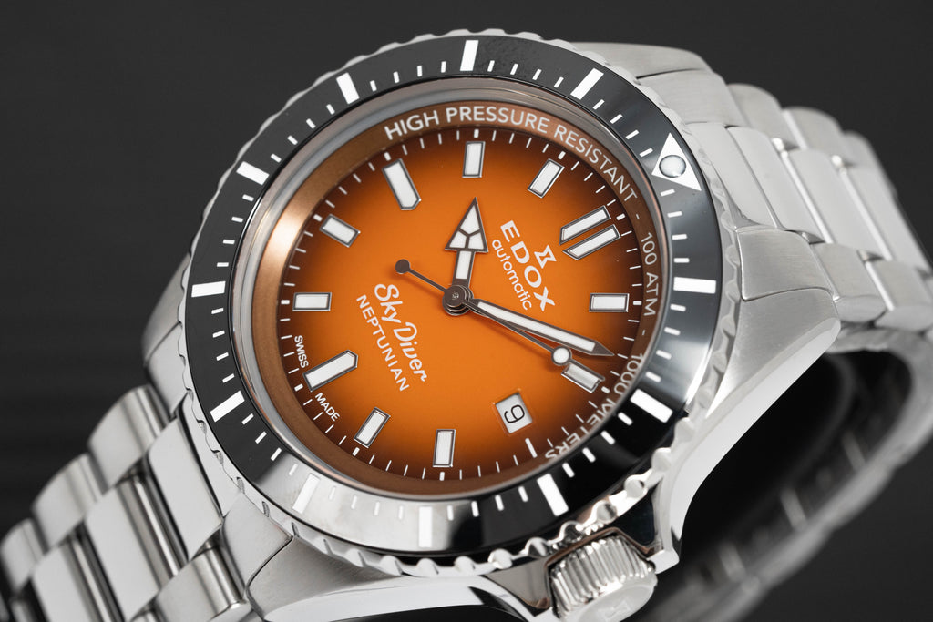 Edox Men's Watch Neptunian Sky Diver Automatic Steel Orange