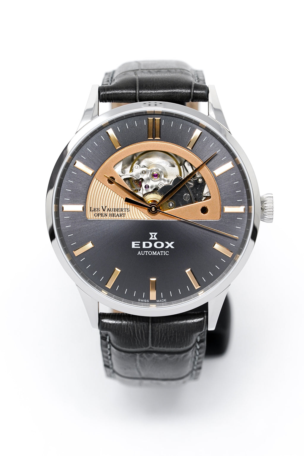 Edox Men's Automatic Watch Les Vauberts Open Heart Rose Gold 43mm