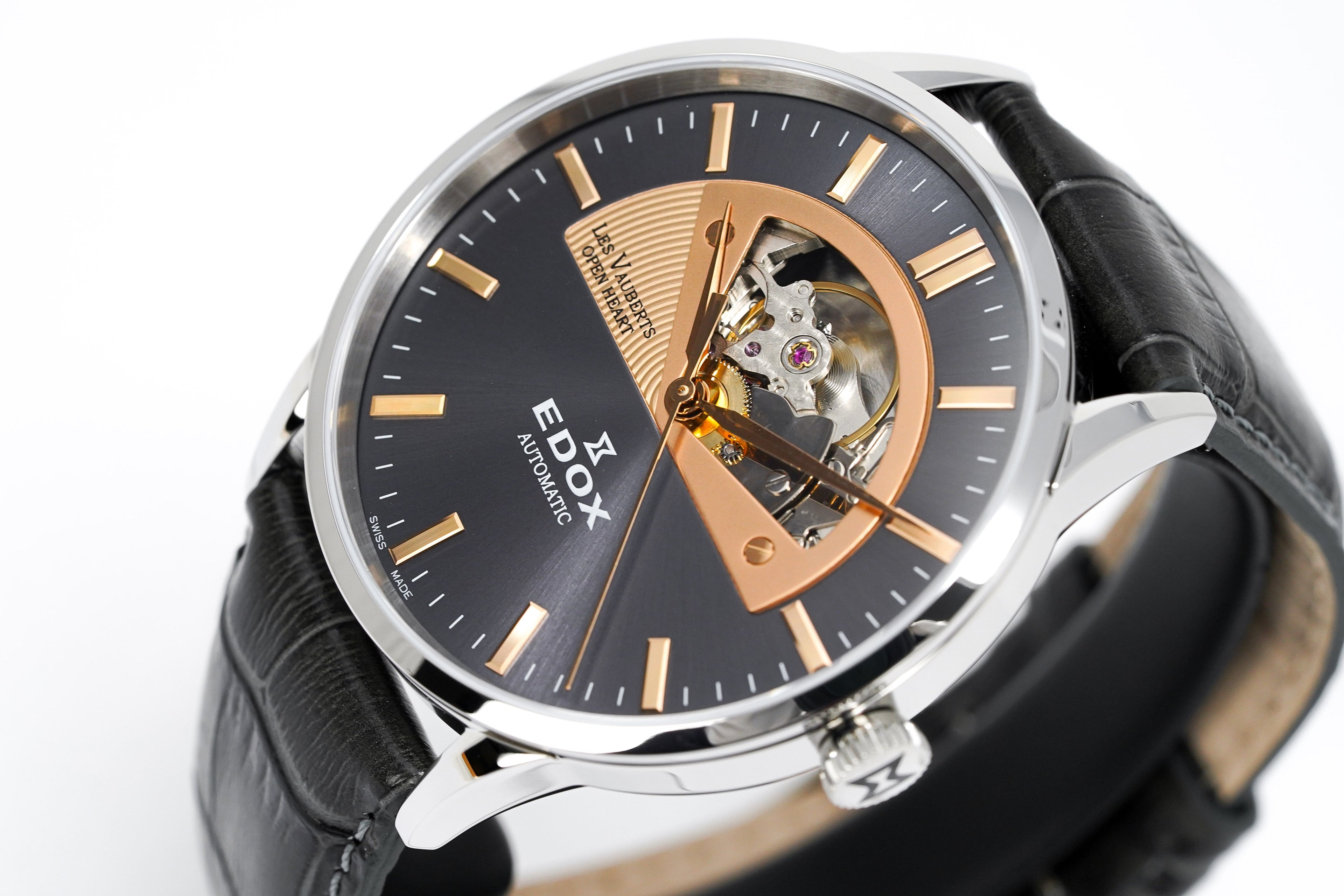 Edox Men's Automatic Watch Les Vauberts Open Heart Rose Gold 43mm