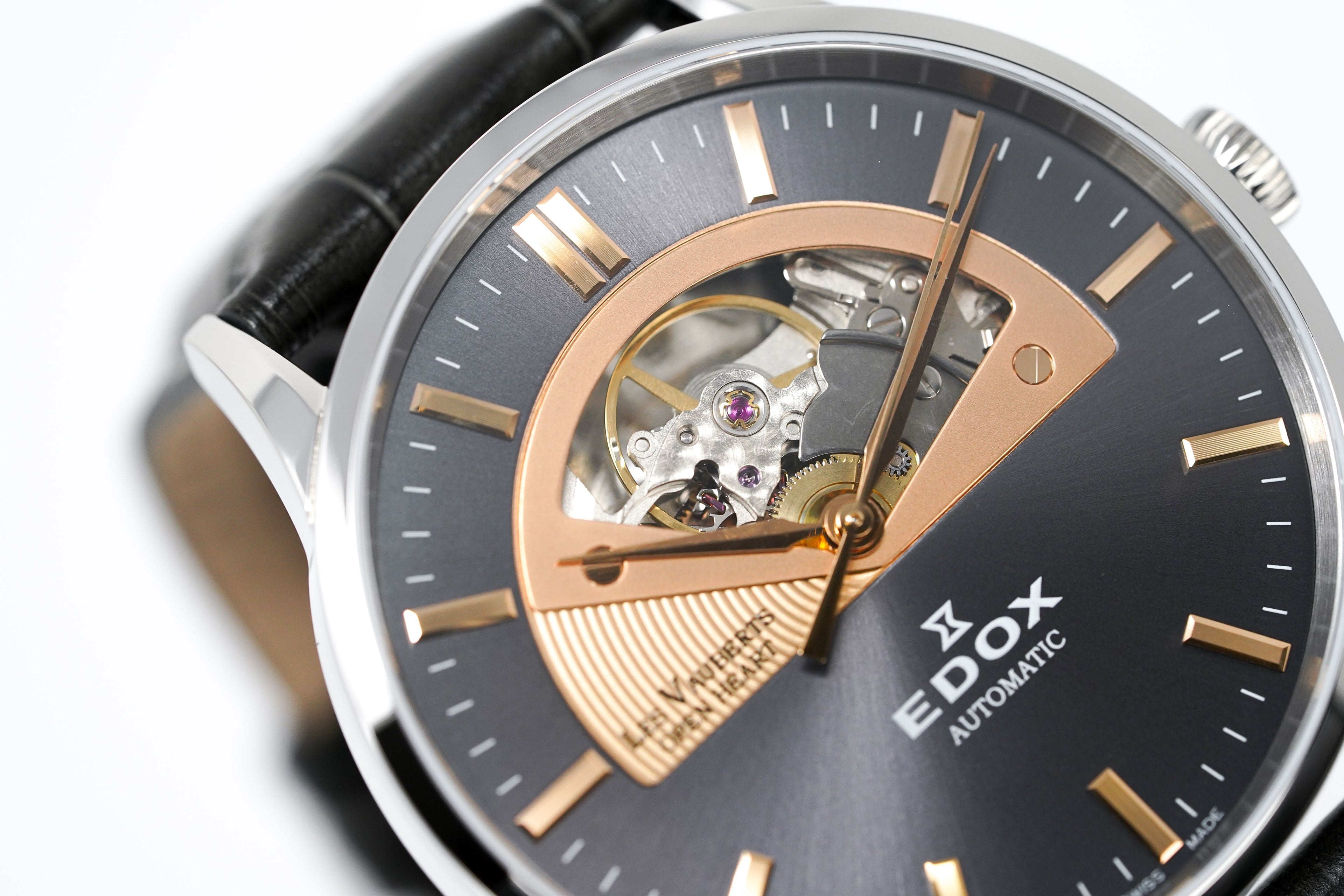 Edox Men's Automatic Watch Les Vauberts Open Heart Rose Gold 43mm