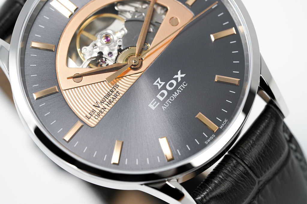 Edox Men's Automatic Watch Les Vauberts Open Heart Rose Gold 43mm