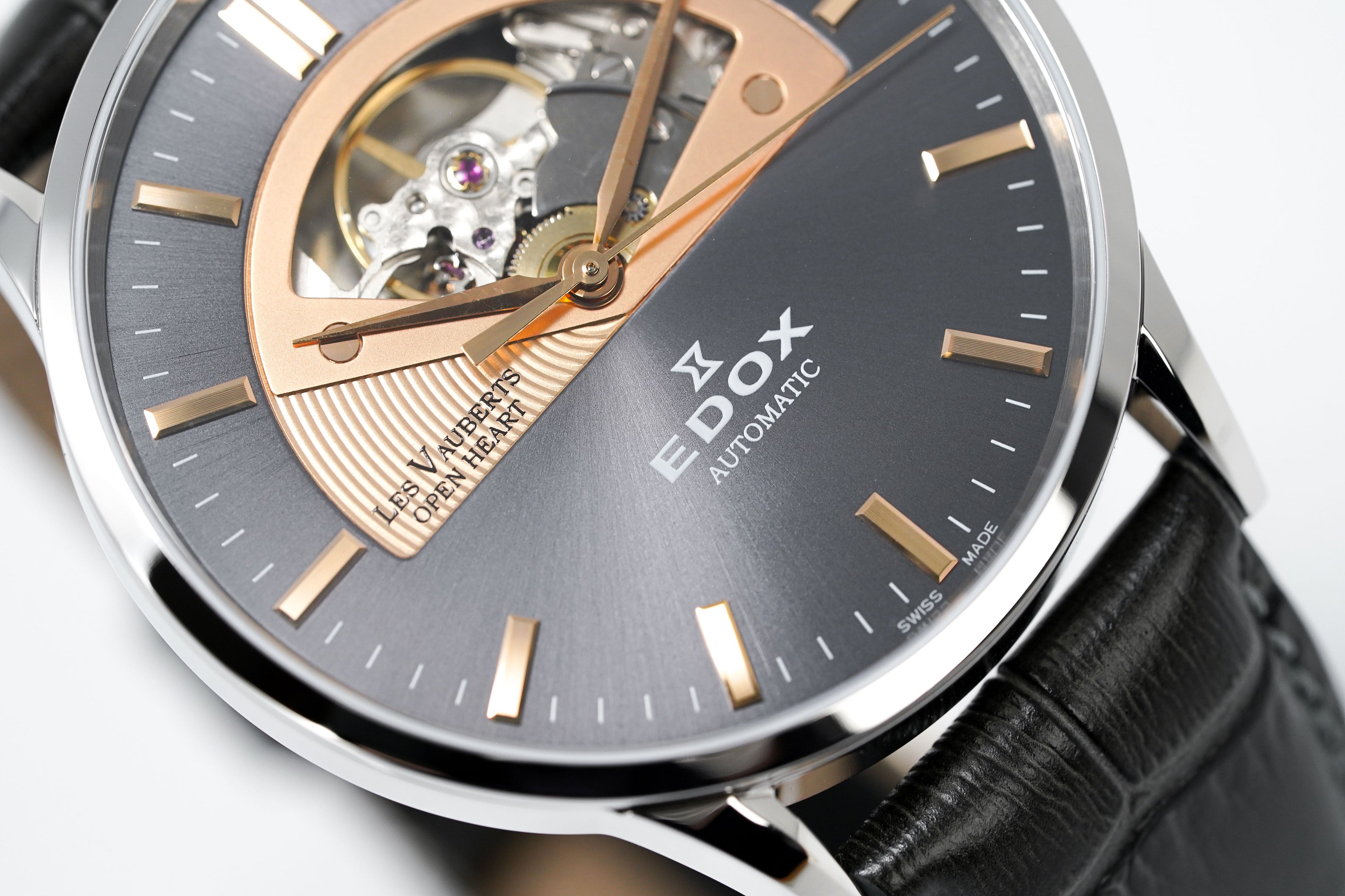 Edox Men's Automatic Watch Les Vauberts Open Heart Rose Gold 43mm