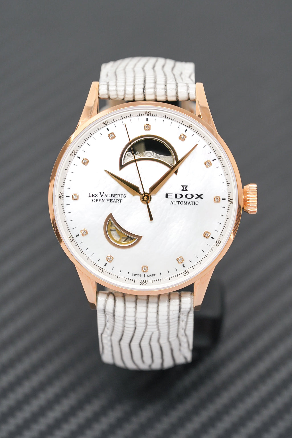 Edox Women's Automatic Watch Les Vauberts Open Heart Rose Gold 37mm