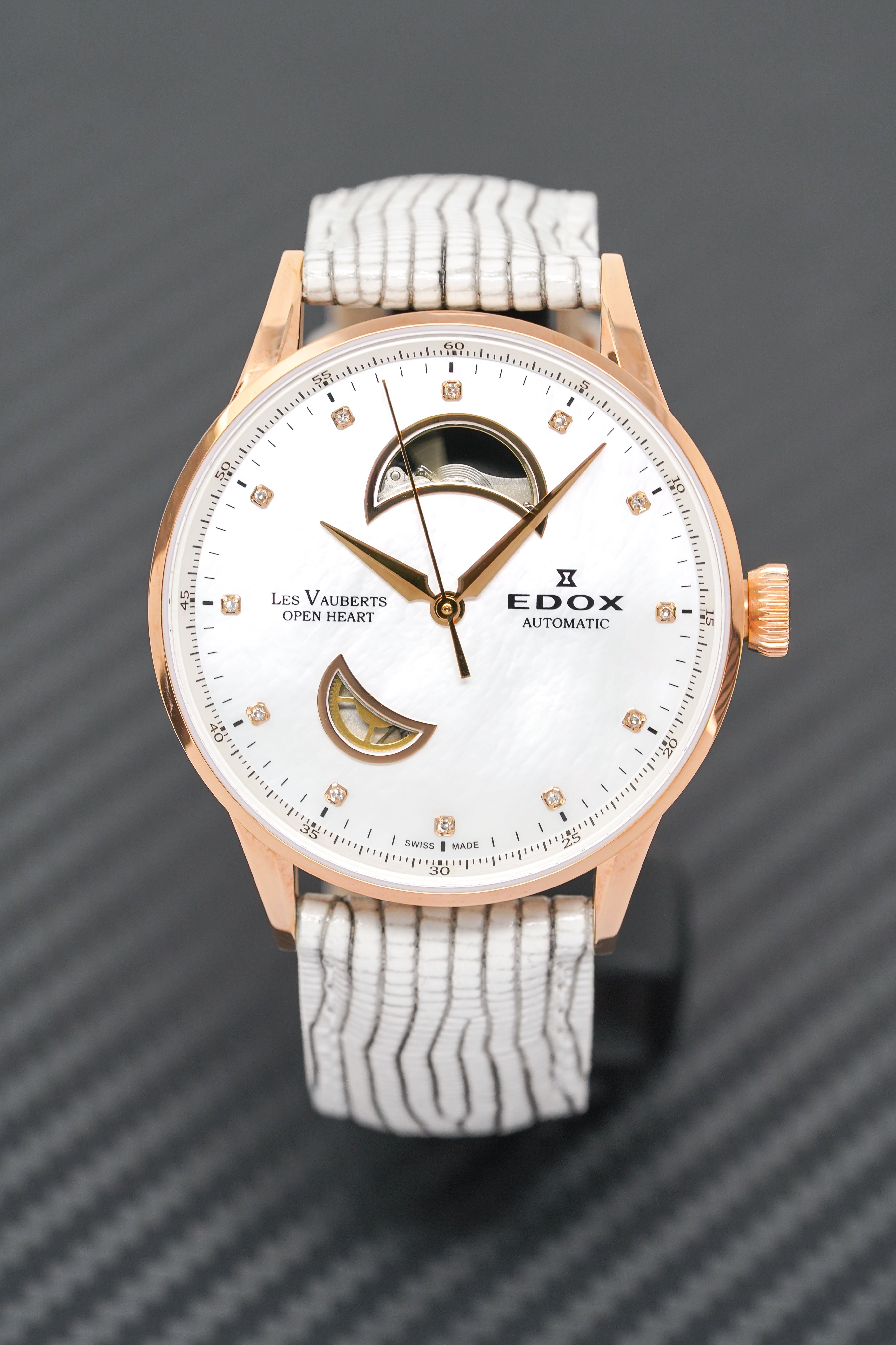 Edox Women's Automatic Watch Les Vauberts Open Heart Rose Gold 37mm