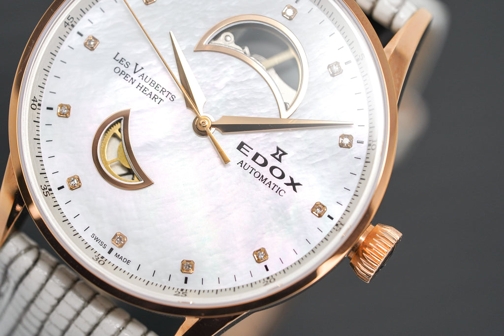 Edox Women's Automatic Watch Les Vauberts Open Heart Rose Gold 37mm