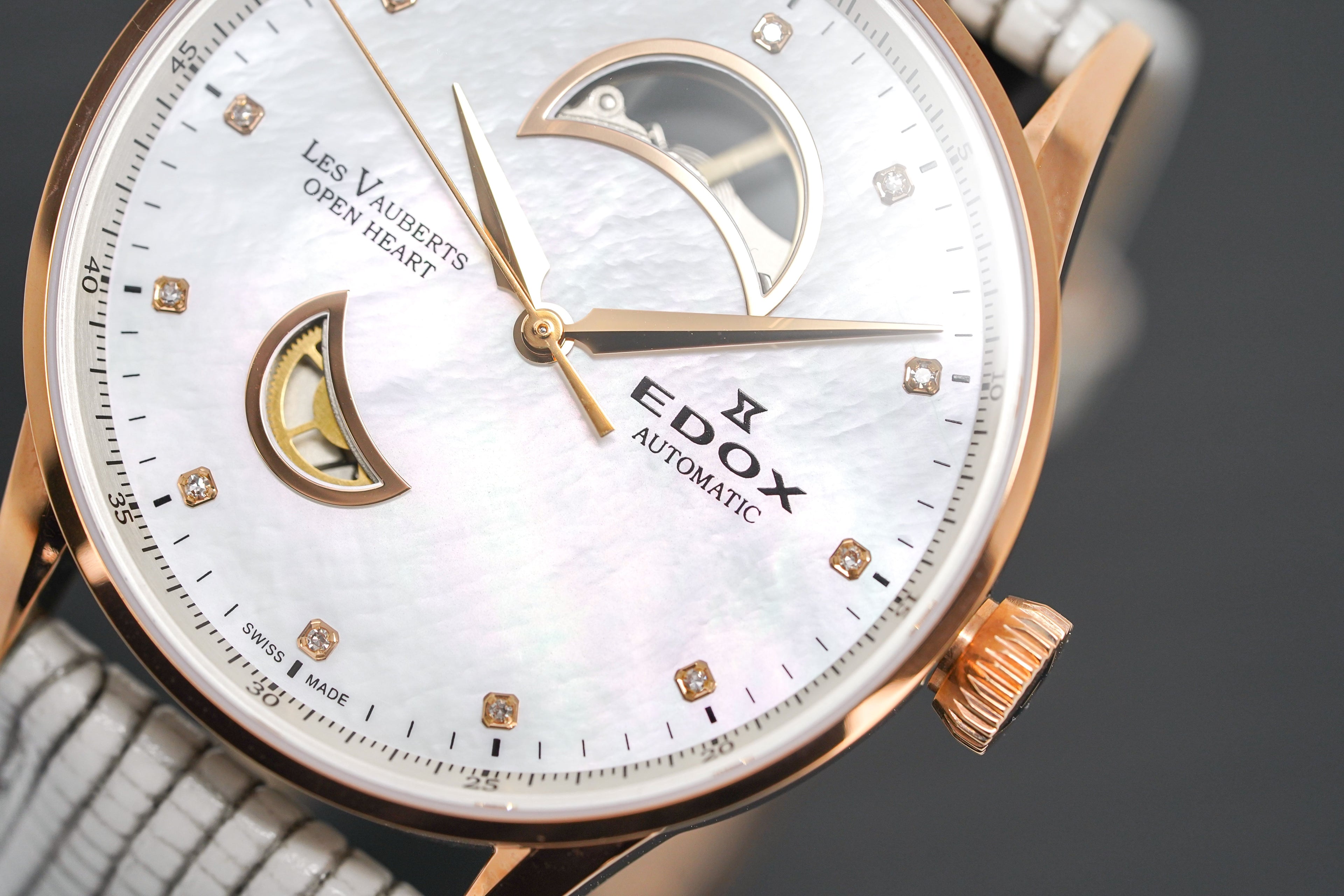 Edox Women's Automatic Watch Les Vauberts Open Heart Rose Gold 37mm