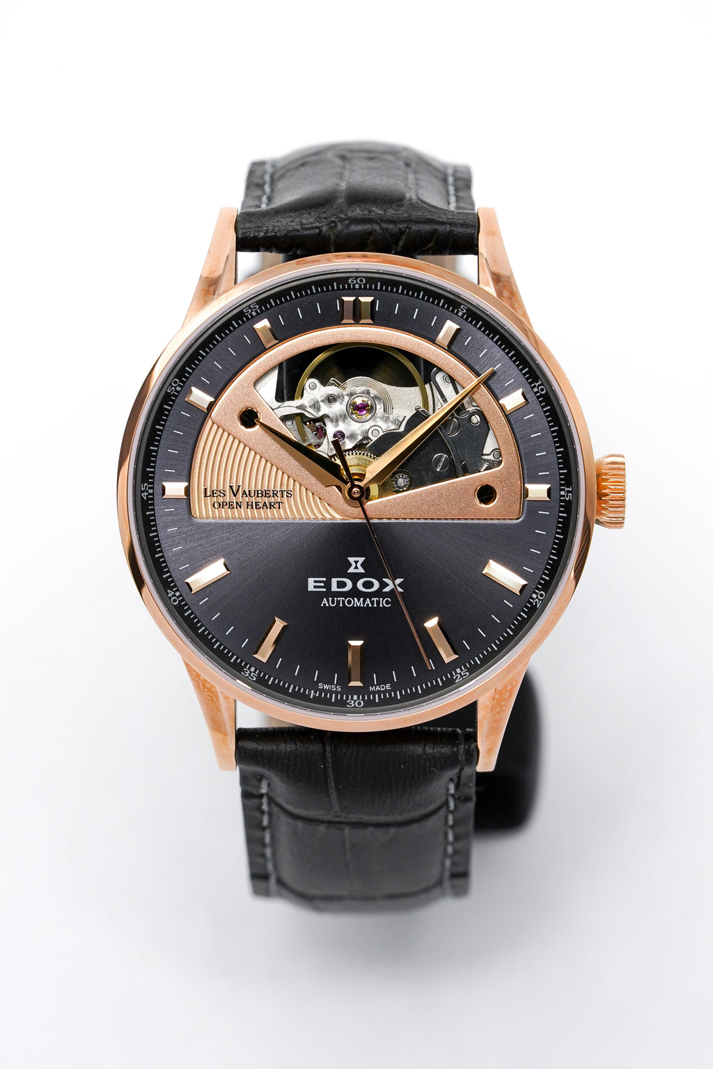 Edox Women's Automatic Watch Les Vauberts Open Heart 37mm Black Rose Gold