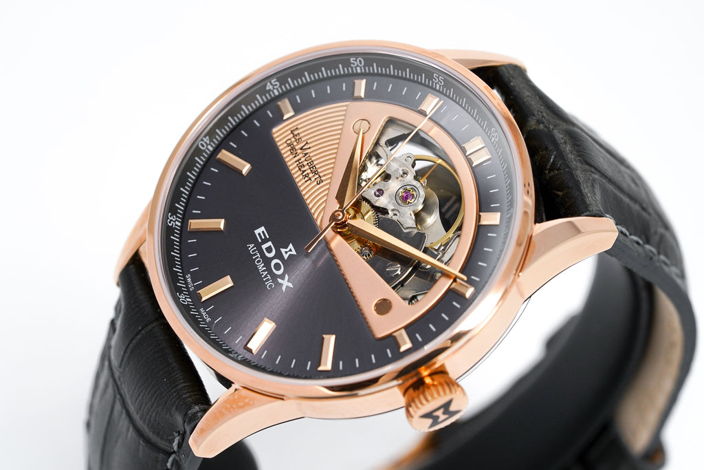 Edox Women's Automatic Watch Les Vauberts Open Heart 37mm Black Rose Gold