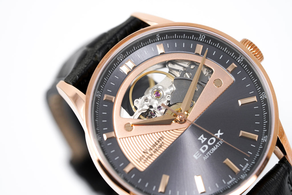 Edox Women's Automatic Watch Les Vauberts Open Heart 37mm Black Rose Gold